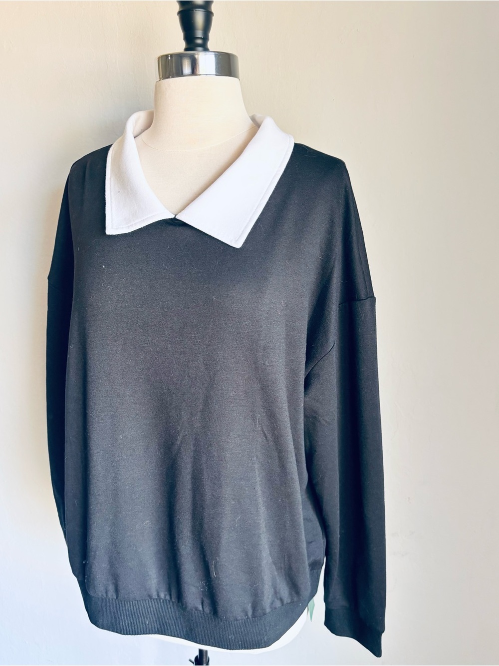 Black Relaxed Fit Drop Shoulder Sweater with White Contrast Collar - Picture 2 of 2